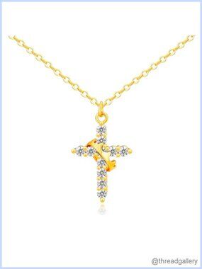 18K Gold-Plated Crown Cross Necklace Cubic Zirconia Pendant 19" Chain